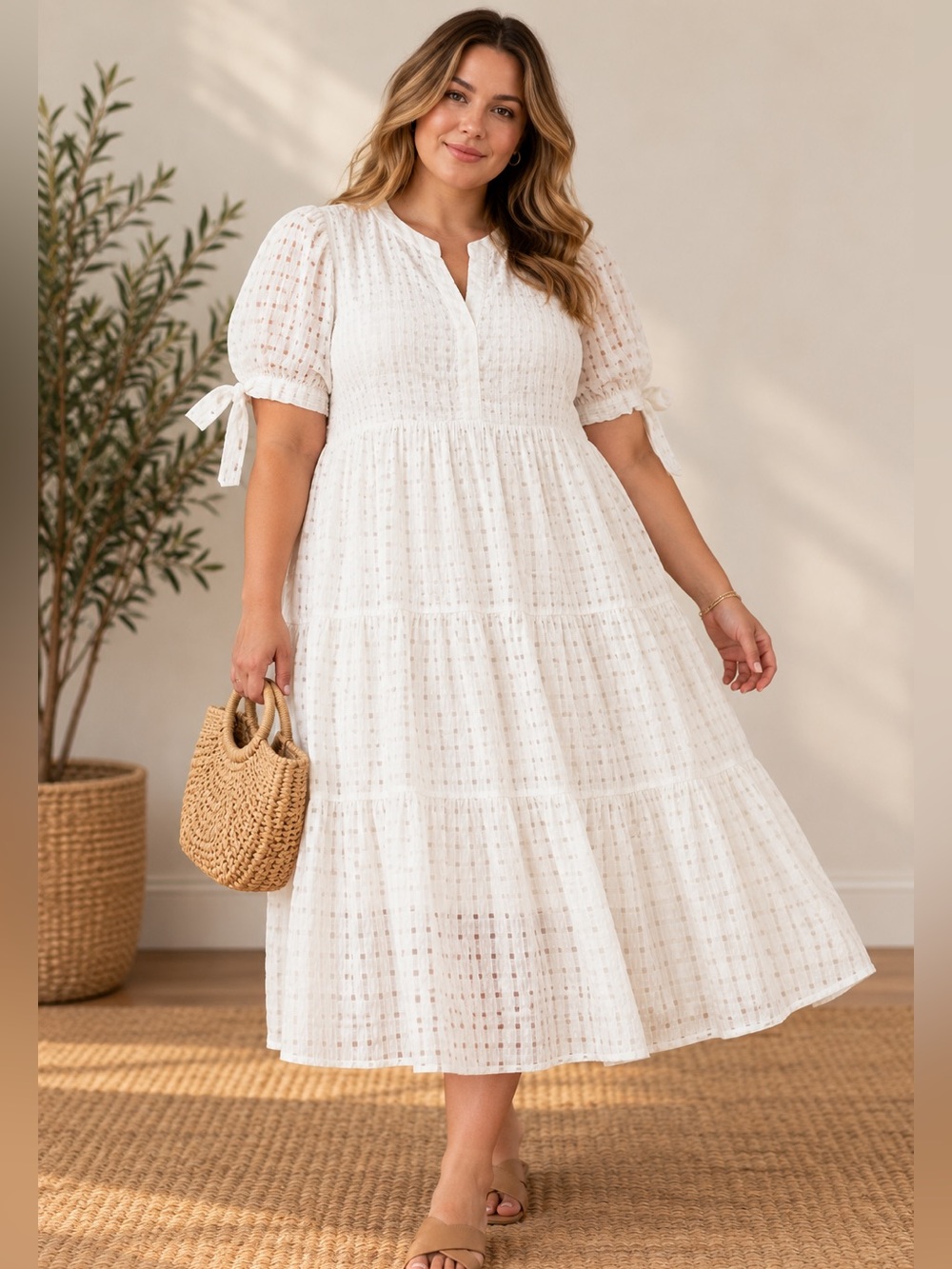NWT White Textured Tiered Midi Dress 2X Puff Bow Sleeves English Factory